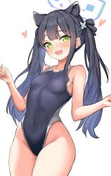 Rule 34 | 1girl, :d, alternate costume, animal ears, black hair, black one-piece swimsuit, blue archive, blue halo, blush, breasts, collarbone, commentary request, competition swimsuit, covered navel, green eyes, halo, heart, highres, looking at viewer, metsu end, one-piece swimsuit, open mouth, shun (blue archive), shun (small) (blue archive), simple background, small breasts, smile, solo, swimsuit, thighs, twintails, white background