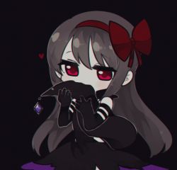 10s 1girl akemi_homura akuma_homura biting black_background black_dress black_gloves black_hair bow chibi dress elbow_gloves fc_(efushii) female_focus gem gloves hair_bow heart long_hair mahou_shoujo_madoka_magica mahou_shoujo_madoka_magica:_hangyaku_no_monogatari purple_eyes salamander_tail simple_background solo tail