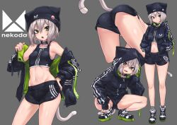 Rule 34 | :o, absurdres, ass, beanie, bent over, black jacket, black shorts, bob cut, breasts, cat day, cat girl, cat tail, choker, contrapposto, dolphin shorts, fang, green eyes, grey background, grey hair, hat, highres, hood, hood up, hooded jacket, ivan wang, jacket, looking at viewer, navel, off shoulder, original, shoes, short shorts, shorts, simple background, small breasts, sneakers, sports bra, squatting, stomach, tail