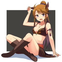 Rule 34 | 10s, 1girl, :d, ahoge, animal ears, arm at side, arm up, armlet, armpits, bare shoulders, bikini, bikini top only, black background, black footwear, blue eyes, blush, boots, border, bracelet, breasts, brown bikini, brown footwear, brown hair, brown skirt, cleavage, collarbone, dog ears, full body, gem, glint, gradient hair, hair ornament, hair scrunchie, highres, idolmaster, idolmaster million live!, indian style, jewelry, kemonomimi mode, knee boots, crossed legs, looking at viewer, medium breasts, multicolored hair, nanotsuki, necklace, open mouth, pendant, ponytail, purple hair, scrunchie, sidelocks, simple background, sitting, skirt, smile, solo, spread legs, strap gap, striped, swimsuit, tassel, thighs, tokoro megumi, vertical stripes, white border