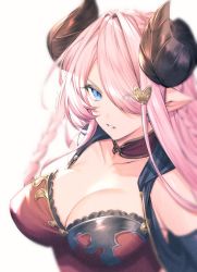 Rule 34 | 1girl, blue eyes, breasts, cleavage, collar, dress, elbow gloves, eyes visible through hair, gloves, granblue fantasy, hair ornament, hair over one eye, hairpin, horns, large breasts, looking at viewer, matsuki tou, narmaya (granblue fantasy), one eye covered, parted lips, pink hair, pointy ears, solo, upper body