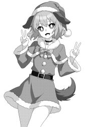 Rule 34 | 1girl, :3, bell, belt, bright pupils, choker, commentary, cowboy shot, double v, fang, greyscale, kasodani kyouko, looking at viewer, monochrome, neck bell, onkn sxkn, open mouth, santa capelet, santa costume, screentones, short hair, simple background, tagme, tail, touhou, v