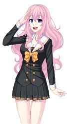 Rule 34 | 1girl, bow, breasts, buttons, claude triello, cleavage, collarbone, game cg, highres, legs, long hair, looking at viewer, medium breasts, narrow waist, open mouth, pale skin, pink hair, salute, skirt, smile, sunrider, sunrider liberation day, transparent background, uniform, very long hair