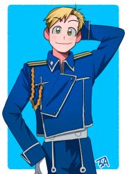 Rule 34 | 1boy, 3amta, alphonse elric, alternate costume, amestris military uniform, arm at side, arm behind head, arm up, black outline, blonde hair, blue background, blue jacket, blue pants, blush, border, closed mouth, collared jacket, fullmetal alchemist, gloves, happy, jacket, looking at viewer, male focus, military, military uniform, outline, pants, shaded face, signature, simple background, smile, standing, uniform, upper body, white background, white border, white gloves, yellow eyes