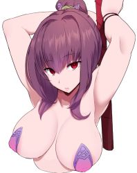 Rule 34 | 1girl, areola slip, armpits, arms behind head, arms up, breasts, cleavage, covered erect nipples, fate/grand order, fate (series), gae bolg (fate), large breasts, long hair, looking at viewer, miyamoto issa, pasties, purple hair, red eyes, scathach (fate), simple background, solo, upper body, white background