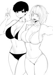 Rule 34 | 2girls, bikini, borrowed character, breasts, cleavage, commission, cowboy shot, earrings, freckles, greyscale, highres, jewelry, large breasts, legs together, monochrome, multiple girls, navel, norman maggot, olive laurentia, original, selfie, simple background, smile, standing, swimsuit, v, white background