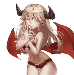 Rule 34 | 1girl, player character (mabinogi), bad id, bad pixiv id, blonde hair, bow, bow bra, bow panties, bra, demon girl, demon horns, demon wings, finger to mouth, frilled bra, frilled panties, frills, ghostas, half-closed eyes, heart, heart-shaped pupils, highres, horns, long hair, looking at viewer, mabinogi, panties, red bra, red panties, red wings, shushing, smile, solo, succubus (mabinogi), symbol-shaped pupils, underwear, white background, wings, yellow eyes