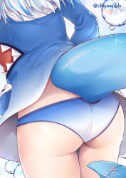 Rule 34 | 1girl, ass, ass focus, blue panties, bubble, chiyami, fins, fish tail, gawr gura, hololive, hololive english, hood, hoodie, no pants, panties, shark girl, shark tail, solo, sparkle, tail, thighs, underwear, virtual youtuber