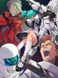 Rule 34 | 1girl, 3boys, amuro ray, black skirt, blonde hair, blue hair, brown eyes, brown hair, chanmura, char&#039;s counterattack, char aznable, convenient leg, english text, green eyes, gun, gundam, hair behind ear, hands on own head, hathaway noa, helmet, highres, holding, holding gun, holding weapon, jacket, looking at viewer, mecha, multiple boys, nu gundam, one-eyed, open mouth, pilot suit, pleated skirt, purple eyes, quess paraya, red jacket, robot, sazabi, shirt, skirt, spacesuit, twintails, twitter username, v-fin, v-shaped eyebrows, weapon, white shirt