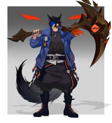 Rule 34 | 1boy, absurdres, aduan, animal ears, baggy pants, belt, bishounen, black hair, black pants, blue jacket, boots, eyepatch, full body, grey background, grin, hair between eyes, highres, holding, holding scythe, jacket, kayn (league of legends), league of legends, looking at viewer, medical eyepatch, multicolored hair, open clothes, open jacket, oversized clothes, pants, popped collar, rhaast, scythe, shadow, short hair, smile, solo, standing, tail, v-shaped eyebrows, weapon, yellow eyes