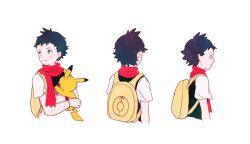 Rule 34 | 1boy, backpack, bag, black hair, blush, closed mouth, commentary request, creatures (company), game freak, gen 1 pokemon, grey eyes, holding, holding pokemon, lucas (pokemon), male focus, memi (gamemix), nintendo, no headwear, pikachu, pokemon, pokemon (creature), pokemon dppt, red scarf, scarf, short hair, short sleeves, simple background, smile, upper body, white background, yellow bag