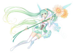Rule 34 | 1girl, :d, bare shoulders, boots, covered navel, dress, fairy, fairy wings, flower, frilled dress, frilled skirt, frilled sleeves, frills, full body, goodsmile racing, gradient hair, green eyes, green hair, green skirt, hair flower, hair ornament, hatsune miku, long hair, looking at viewer, multicolored hair, necktie, open mouth, see-through, see-through dress, simple background, skirt, sleeveless, smile, solo, thigh boots, thigh strap, thighhighs, tony taka, translucent dress, twintails, very long hair, vocaloid, white background, white footwear, white thighhighs, wings, zettai ryouiki
