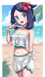 Rule 34 | 1girl, absurdres, aqua eyes, arm at side, armpits, beach, bikini, bikini skirt, black hair, blue hair, breasts, child, clenched hand, collarbone, colored inner hair, cowlick, creatures (company), day, eyelashes, female focus, finger to cheek, fingernails, flower, flower on head, game freak, green bikini, hair ornament, hairclip, hand up, happy, highres, index finger raised, legs, legs together, light blush, liko (pokemon), looking at viewer, maho (corotonton5150), medium hair, midriff, multicolored hair, navel, neck, nintendo, ocean, official alternate costume, official alternate hairstyle, open mouth, outdoors, palm tree, parted bangs, pokemon, pokemon (anime), pokemon horizons, scrunchie, short ponytail, sidelocks, sky, small breasts, smile, standing, summer, swimsuit, thighs, tree, two-tone hair, unworn hair ornament, unworn hairclip, wrist scrunchie