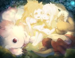 Rule 34 | 2girls, :o, animal ears, barefoot, book, cheek-to-cheek, circle formation, claws, creature, dual persona, furry, glowing, heads together, kurokitsune (float0108), made in abyss, mitty (made in abyss), mitty (made in abyss) (human), multiple girls, nanachi (made in abyss), nanachi (made in abyss) (human), open mouth, rabbit ears, short hair with long locks, sleeping, smile, spoilers, strapless, tail, topknot, tube top, white hair, aged down