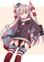 Rule 34 | 1girl, amatsukaze (kancolle), black panties, breasts, brown dress, brown eyes, dress, fang, from below, garter straps, hair tubes, hand on own hip, kantai collection, kuhotaka, lifebuoy, long hair, looking at viewer, panties, pantyshot, red thighhighs, rensouhou-kun, sailor dress, short dress, silver hair, simple background, small breasts, standing, striped clothes, striped thighhighs, swim ring, thighhighs, two side up, underwear