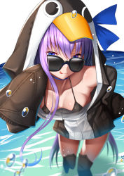 Rule 34 | 1girl, adjusting eyewear, adjusting glasses, animal hood, armor, blue eyes, blue ribbon, blush, breasts, choker, closed mouth, collarbone, fate/grand order, fate (series), greaves, hair between eyes, hood, licking lips, long hair, long sleeves, looking at viewer, looking over eyewear, looking over glasses, meltryllis, meltryllis (fate), meltryllis (swimsuit lancer) (fate), meltryllis (swimsuit lancer) (first ascension) (fate), penguin hood, purple hair, ribbon, sleeves past fingers, sleeves past wrists, small breasts, smile, solo, sunglasses, thighs, tinted eyewear, tongue, tongue out, very long hair, water, white background, zukky