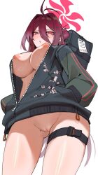 Rule 34 | 1girl, ahoge, black jacket, blue archive, bottomless, breasts, breasts out, censored, closed mouth, cowboy shot, gluteal fold, hair between eyes, halo, highres, jacket, kakumayu, large breasts, long hair, long sleeves, looking at viewer, mole, mole on thigh, mosaic censoring, naked jacket, nipples, open clothes, open jacket, parted lips, pussy, red eyes, red hair, reijo (blue archive), shirt, simple background, solo, standing, thigh strap, thighs, white background
