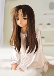 Rule 34 | 1girl, absurdres, barefoot, blurry, blurry background, brown hair, ch1ckpyo, closed mouth, grey eyes, highres, long hair, long sleeves, original, pajamas, parted bangs, rug, solo, waking up, white pajamas