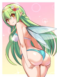 Rule 34 | 1girl, ass, ass focus, ass grab, ass support, bare shoulders, bikini, blush, breasts, character request, cougar (cougar1404), embarrassed, fairy, flower, from behind, green hair, hair flower, hair ornament, half updo, huge ass, leaning, leaning forward, long hair, looking at viewer, medium breasts, orange eyes, pointy ears, sideboob, solo, swimsuit, very long hair, wings