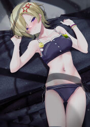 Rule 34 | 1girl, absurdres, bikini, blonde hair, blush, breasts, cleavage, closed mouth, commentary, commentary request, english commentary, hair ornament, hair over one eye, highres, kebohan, looking at viewer, love live!, love live! nijigasaki high school idol club, medium breasts, mia taylor, midriff, mixed-language commentary, navel, purple bikini, purple eyes, short hair, solo, star (symbol), star hair ornament, swimsuit, upper body, wristband