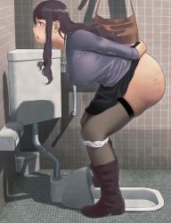 Rule 34 | 1girl, ass, bag, bathroom, boots, breasts, brown eyes, brown hair, commentary request, curvy, handbag, highres, industrial pipe, jewelry, large breasts, long hair, mole, mole on ass, necklace, original, panties, panty pull, parted lips, pearl necklace, ryokucha michi, shadow, solo, squat toilet, thick thighs, thighs, toilet, underwear, white panties
