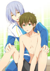 Rule 34 | 2boys, :o, black jammers, black male swimwear, blue shirt, blush, brown hair, bulge, collarbone, feet out of frame, green eyes, grey hair, hair between eyes, hand on another&#039;s knee, high speed!, jammers, long sleeves, male focus, male swimwear, mo (nmnme), multicolored shirt, multiple boys, muscular, open mouth, outdoors, serizawa nao, shirt, sitting, size difference, smile, sweat, swimsuit, tachibana makoto, topless male, white shirt, yellow eyes