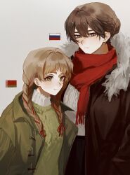 2girls belarus_(saboten92) belarusian_flag black_skirt braid brown_coat brown_hair closed_mouth coat collared_coat green_coat green_eyes green_sweater half_up_braid highres long_sleeves low_twin_braids multiple_girls original personification red_ribbon red_scarf ribbon russia_(saboten92) russian_flag saboten92 scarf simple_background skirt smile sweater twin_braids upper_body white_background white_sweater