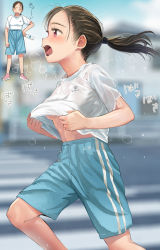 Rule 34 | 1girl, blue shorts, blurry, blurry background, blush, bottle, breasts, brown hair, clothes lift, commentary request, day, closed eyes, from side, full body, hair tie, highres, holding, holding bottle, masuda (yousaytwosin), midriff peek, navel, no bra, open mouth, original, outdoors, pink footwear, plastic bottle, ponytail, purple eyes, running, shirt, shirt lift, shoes, short sleeves, shorts, solo, sound effects, sportswear, steam, sweat, sweatdrop, nervous sweating, tongue, underboob, wet, wet clothes, white shirt