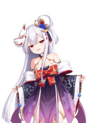 Rule 34 | 1girl, :d, blue flower, blush, bow, breasts, cleavage, commentary request, copyright request, dress, flower, fox mask, grey hair, hair flower, hair ornament, hair rings, heijialan, highres, leaning to the side, long sleeves, looking at viewer, mask, mask on head, medium breasts, off-shoulder dress, off shoulder, official art, one side up, open mouth, pinching sleeves, purple dress, red bow, red eyes, short eyebrows, simple background, sleeves past wrists, smile, solo, thick eyebrows, white background, wide sleeves