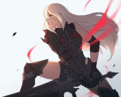 Rule 34 | 1girl, android, angry, armor, aura, black armor, clenched teeth, dark knight (final fantasy), elbow gloves, final fantasy, final fantasy xiv, from side, gloves, greatsword, holding, holding sword, holding weapon, joints, koyorin, long hair, looking afar, nier (series), nier:automata, robot joints, silver hair, simple background, solo, sword, teeth, thighhighs, weapon, a2 (nier:automata)