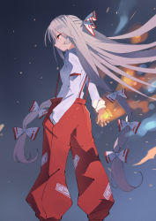 Rule 34 | 1girl, absurdres, baggy pants, bow, closed mouth, feet out of frame, fire, fujiwara no mokou, hair bow, hand in pocket, highres, kakaricho dairi, long hair, long sleeves, ofuda, ofuda on clothes, pants, red eyes, red pants, shirt, sleeve garter, solo, suspenders, touhou, white bow, white hair, white shirt