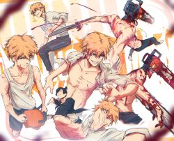 Rule 34 | 2boys, aged down, black hair, black jacket, black necktie, blonde hair, blood, blood on arm, blood on chest, blood on clothes, blood on face, bloody weapon, book, carrying, carrying person, chainsaw man, collared shirt, denji (chainsaw man), dirty, formal, hayakawa aki, highres, holding, holding book, holding weapon, hybrid, instagram username, jacket, looking at another, looking at viewer, looking down, looking to the side, male focus, messy, multiple boys, neck, necktie, open clothes, open mouth, pochita (chainsaw man), sharp teeth, shirt, short hair, simple background, slapping, sleeves rolled up, smile, stephengiannart, string pull, suit, tank top, teeth, tongue, tongue out, topknot, topless male, twitter username, weapon, white background, white shirt, white tank top