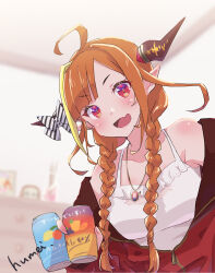 Rule 34 | 1girl, ahoge, beer can, blonde hair, braid, breasts, camisole, can, dragon girl, dragon horns, drink can, fang, holding, holding can, hololive, horns, jacket, kiryu coco, kiryu coco (loungewear), kyou fumei, large breasts, looking at viewer, multicolored hair, official alternate costume, open mouth, orange hair, pointy ears, red eyes, red jacket, skin fang, smile, streaked hair, twin braids, virtual youtuber, white camisole, zipper, zipper pull tab