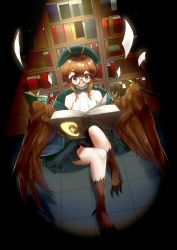 Rule 34 | 1girl, absurdres, beret, black skirt, book, bookshelf, brown eyes, brown hair, brown wings, clover theater, commentary request, feathered wings, glasses, hair between eyes, harpy, hat, highres, holding, holding book, jacket, monster girl, norris (clover theater), on floor, papers, rinf, shirt, short hair with long locks, sitting, skirt, sleeveless, sleeveless shirt, solo, white shirt, winged arms, wings