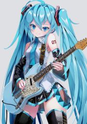 Rule 34 | 1girl, ahoge, arm tattoo, bare shoulders, blouse, blue eyes, blue hair, breasts, commentary request, cowboy shot, detached sleeves, electric guitar, fender mustang, grey background, grey shirt, guitar, hair between eyes, hatsune miku, highres, holding, instrument, long hair, looking at viewer, miniskirt, shirt, simple background, skirt, sleeveless, sleeveless shirt, small breasts, smile, solo, standing, takepon1123, tattoo, thighhighs, twintails, very long hair, vocaloid, zettai ryouiki