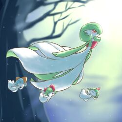 Rule 34 | 1girl, 3others, alternate color, arms at sides, arms up, backlighting, bare tree, blue hair, blunt bangs, bob cut, bowl cut, closed mouth, colored skin, covered eyes, creatures (company), flat chest, floating, from side, full body, game freak, gardevoir, gen 3 pokemon, green hair, green skin, hair over eyes, hair over one eye, hand to own mouth, hand up, happy, light particles, looking at another, looking up, monya, multicolored skin, multiple others, nintendo, one eye covered, open mouth, outdoors, outstretched arms, pokemon, pokemon (creature), ralts, red eyes, shiny pokemon, short hair, smile, tree, two-tone skin, white skin