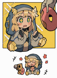Rule 34 | + +, 1boy, androgyne symbol, black gloves, blonde hair, blush, bridget (guilty gear), brown dress, commentary request, doughnut, dress, drooling, fingerless gloves, food, gloves, green eyes, guilty gear, guilty gear strive, habit, highres, holding, holding food, hood, hood up, hooded jacket, itsuka neru, jacket, long sleeves, looking at viewer, male focus, medium hair, mouth drool, open clothes, open mouth, smile, trap