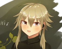 Rule 34 | 1girl, ahoge, arknights, black sweater, blue skirt, breasts, brown hair, fence, green background, grey eyes, hair between eyes, headset, large breasts, long hair, long sleeves, mayer (arknights), ochazukeakino, off shoulder, open mouth, plant, ribbed sweater, short hair with long locks, simple background, skirt, smile, sunlight, sweater, text focus, thighs, turtleneck, turtleneck sweater, waving arm, white background
