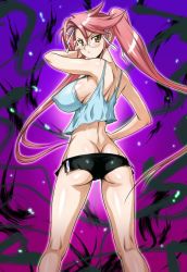 Rule 34 | 1girl, ass, blush, breasts, butt crack, covered erect nipples, glasses, gluteal fold, highschool of the dead, impossible clothes, large breasts, long hair, pink hair, short shorts, shorts, solo, takagi saya, twintails, very long hair