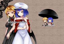 Rule 34 | 2girls, aoshima, bare shoulders, bat wings, black dress, black footwear, blonde hair, blue hair, boots, brown background, chibi, commentary request, darkness, dress, frown, hair ribbon, hat, highres, mob cap, multiple girls, mundane utility, no nose, red eyes, red ribbon, remilia scarlet, ribbon, rumia, short hair, sitting, smile, strapless, strapless dress, touhou, translation request, unworn hat, unworn headwear, white dress, white footwear, white hat, wings