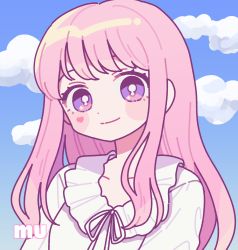 Rule 34 | 1girl, absurdres, blue sky, blush, bright pupils, cloud, cloudy sky, commission, emma (kumaema), highres, long hair, looking at viewer, original, pink hair, pixiv commission, portrait, purple eyes, shadow, shirt, sky, solo, white pupils, white shirt