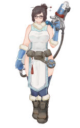 Rule 34 | 1girl, absurdres, alternate costume, bare shoulders, beads, blue thighhighs, boots, breasts, brown eyes, brown hair, full body, glasses, gun, hair bun, hair ornament, hair stick, highres, large breasts, light smile, mei (overwatch), overwatch, overwatch 1, short hair, simple background, single hair bun, sleeveless, solo, thighhighs, thighs, viccik, weapon, white background, wide hips