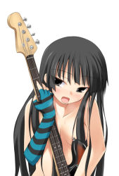 Rule 34 | 00s, 1girl, akiyama mio, bass guitar, breasts, censored, convenient censoring, don&#039;t say &quot;lazy&quot;, eyes visible through hair, gloves, guitar, hair censor, hair over breasts, instrument, k-on!, long hair, naughty face, nude, safi, simple background, small breasts, solo, striped clothes, striped gloves, sweat, white background