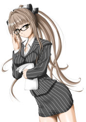Rule 34 | 10s, 1girl, amagi brilliant park, artist request, breasts, brown eyes, brown hair, business suit, formal, glasses, hair intakes, hair ribbon, long hair, long sleeves, pinstripe pattern, pinstripe suit, ponytail, ribbon, sento isuzu, shirt, simple background, skirt, skirt suit, solo, standing, striped, suit, thighs, very long hair, white background