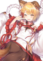 Rule 34 | 1girl, :d, animal ears, bare shoulders, blonde hair, braid, breasts, brown pantyhose, commentary request, dog ears, dog tail, erune, granblue fantasy, hair ornament, index finger raised, japanese clothes, looking at viewer, medium breasts, open mouth, pantyhose, rope, shimenawa, short hair, simple background, smile, solo, tail, topia, vajra (granblue fantasy), white background, wide sleeves, yellow eyes