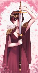 Rule 34 | 1girl, animal ears, artist name, blood, blood on face, breasts, brown hair, cape, circlet, cleavage, commentary, dress, epaulettes, framed, highres, holding, holding sheath, holding sword, holding weapon, medium breasts, original, pan (panqlao), panqlao, pink eyes, red cape, red dress, sheath, short hair, solo, sword, twitter username, unsheathing, watermark, weapon