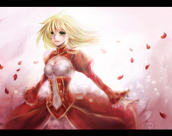 Rule 34 | 10s, 1girl, ahoge, bad id, bad pixiv id, blonde hair, breasts, cleavage, dress, envy3103, epaulettes, fate/extra, fate (series), green eyes, hair down, letterboxed, lettterboxed, medium breasts, nero claudius (fate), nero claudius (fate), nero claudius (fate/extra), petals, solo