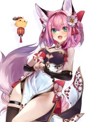 Rule 34 | 1girl, animal ears, azur lane, bare shoulders, blush, box, breasts, china dress, chinese clothes, chinese new year, cleavage, commentary request, double bun, dress, flower, fox ears, fox girl, fox tail, gift, green eyes, hair between eyes, hair bun, hair flower, hair ornament, hair up, hanazuki (azur lane), heart-shaped box, holding, holding gift, looking at viewer, manjuu (azur lane), medium breasts, no panties, open mouth, pelvic curtain, pink hair, shirokitsune, sidelocks, simple background, single thighhigh, skindentation, tail, thigh strap, thighhighs, thighs, valentine, white background