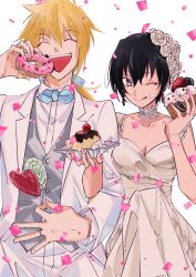 Rule 34 | 1boy, 1girl, black hair, blonde hair, bow, bowtie, bride, cake, cake slice, candy, choker, closed eyes, collarbone, confetti, couple, dessert, doughnut, dress, flower, flower choker, food, food on face, formal, groom, hair between eyes, hair flower, hair ornament, hair ribbon, heart, heart-shaped lollipop, hetero, highres, holding, holding candy, holding food, holding lollipop, husband and wife, jewelry, locked arms, lollipop, long hair, official alternate costume, one eye closed, open mouth, oreo, ponytail, pudding, purple eyes, ribbon, ring, rutee katrea, shaped lollipop, short hair, simple background, spaghetti strap, stahn aileron, suit, swirl lollipop, tales of (series), tales of destiny, tongue, tongue out, wedding dress, white background, white suit, youme xz