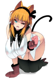 Rule 34 | 1girl, absurdres, all fours, animal ears, boots, breasts, cat ears, cat tail, fangs, gloves, high heel boots, high heels, highres, huge breasts, kouno (masao), long hair, long sleeves, looking at viewer, one eye closed, open mouth, orange hair, original, red gloves, solo, tail, thigh boots, white background